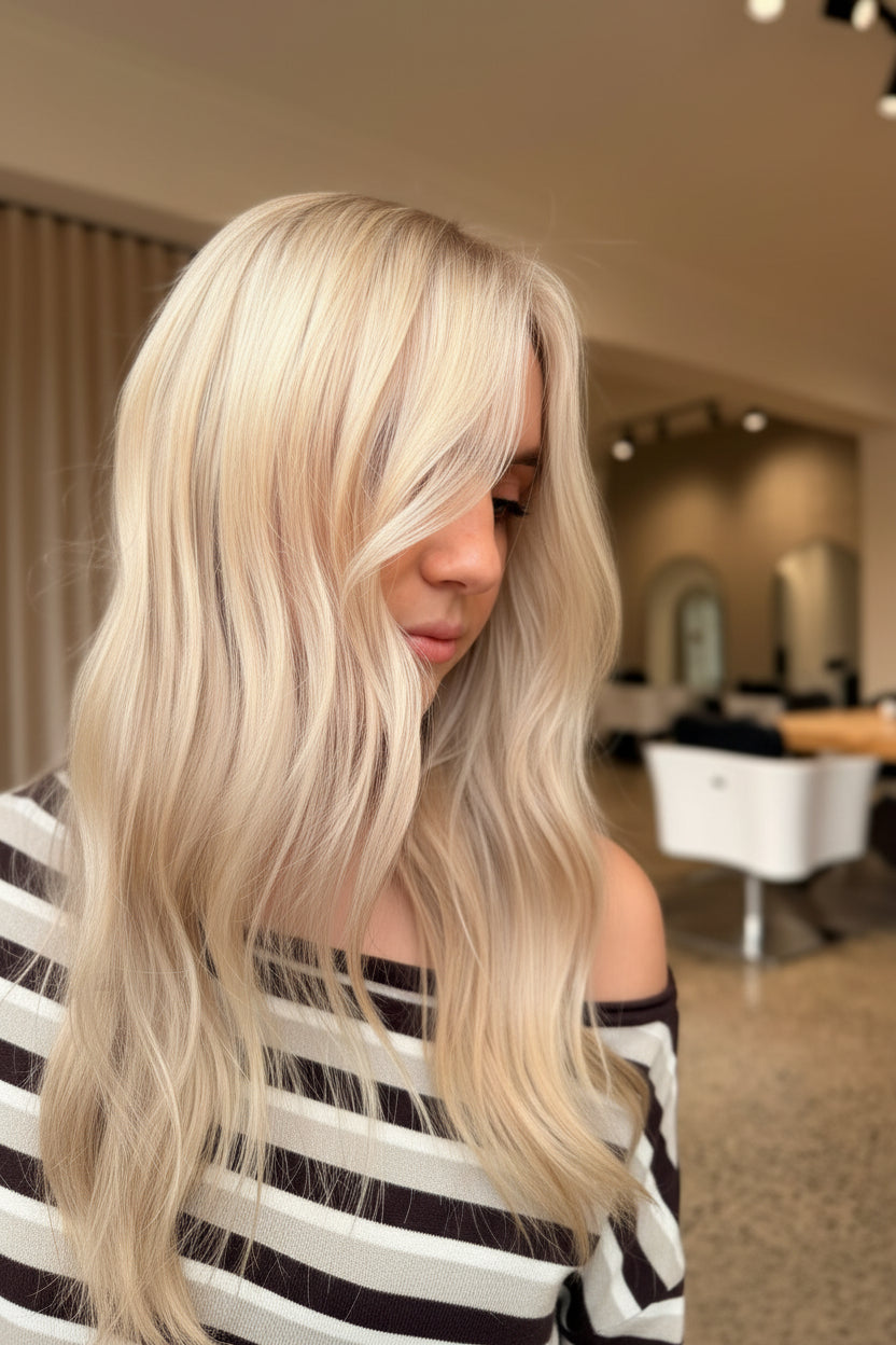 Woman with long blonde hair in a salon setting